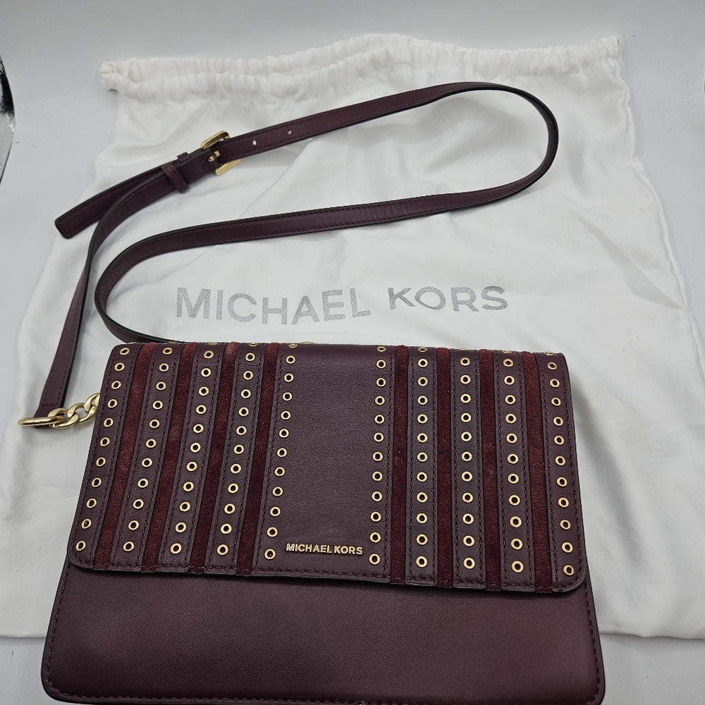 MICHAEL KORS PLUM Brooklyn Grommet Crossbody Leather Suede Purse With Dust Bag